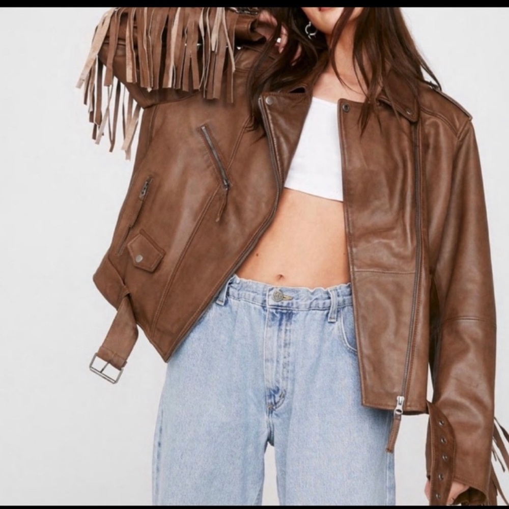 Nasty Gal Real Leather Belted Fringe Moto Jacket